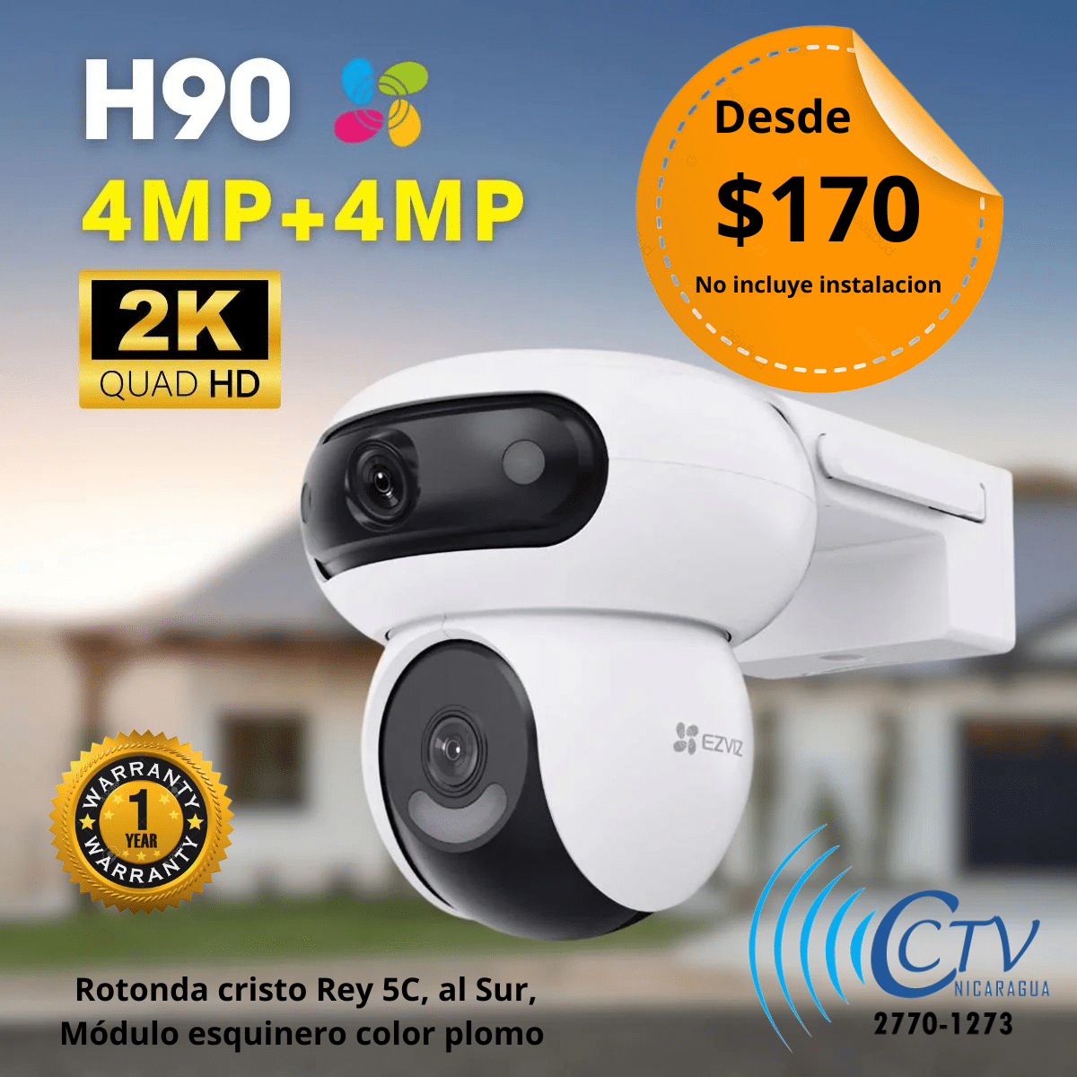 Cámara Wi-Fi Ezviz H90 Dual de 4MP y 2K⁺ con doble lente, movimiento panorámico e inclinación.