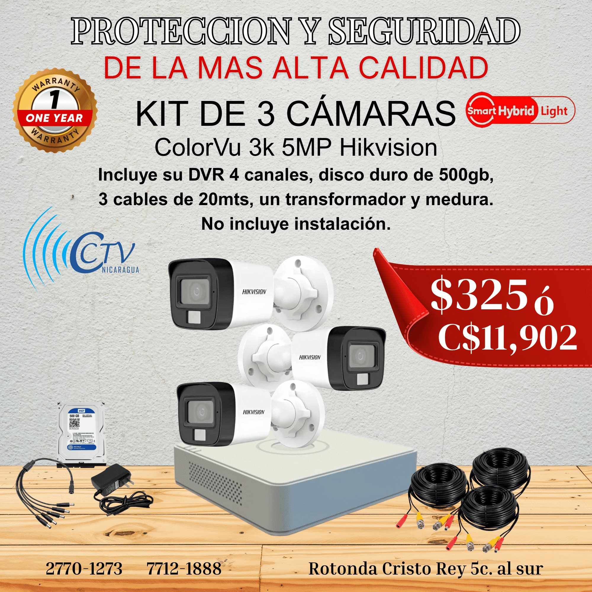 Kit de 3 Camaras Hikvision Colorvu Bullet 3k 5mp