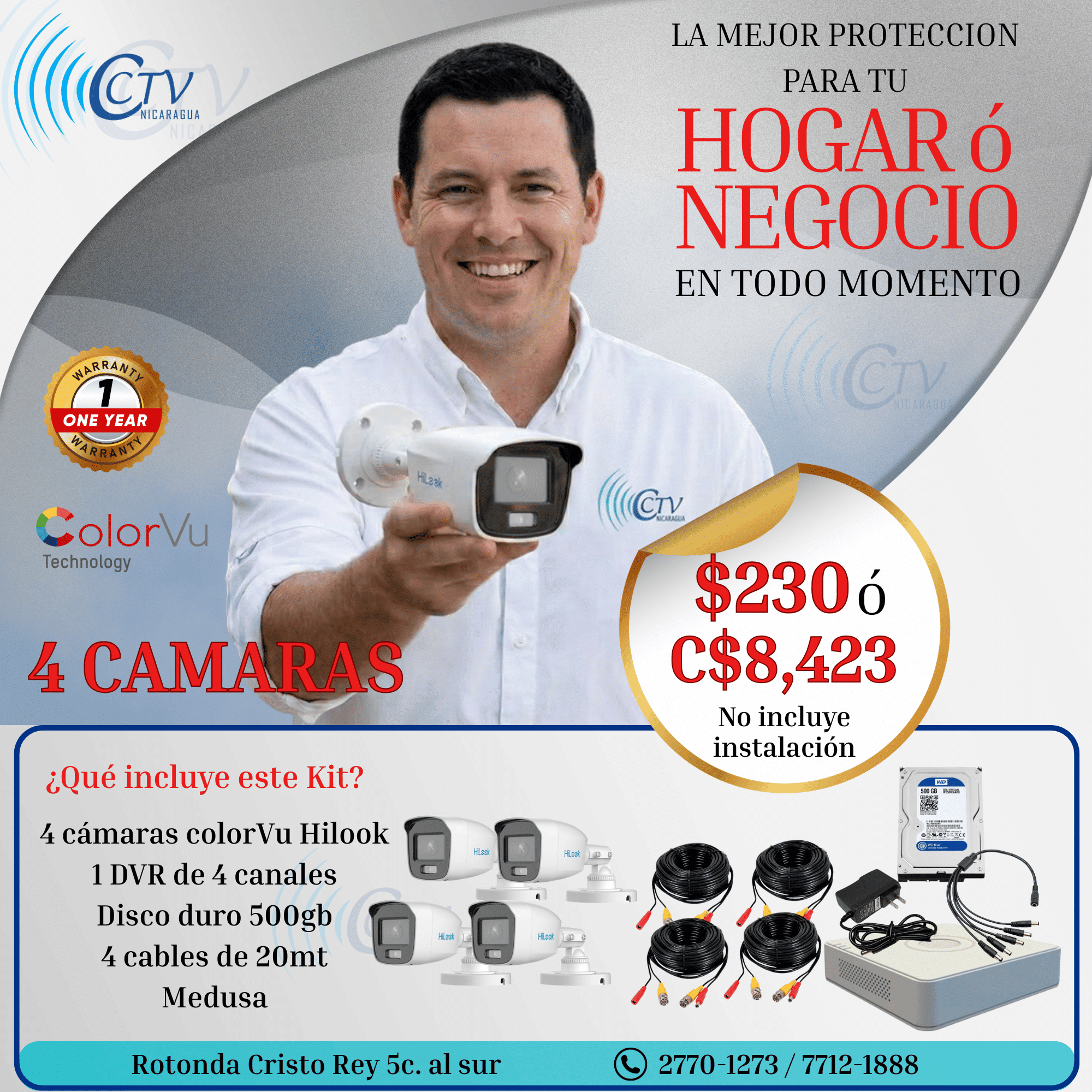 Kit de 4 Camaras Hilook 1080p COLORVU 24/7 1080P 2MP